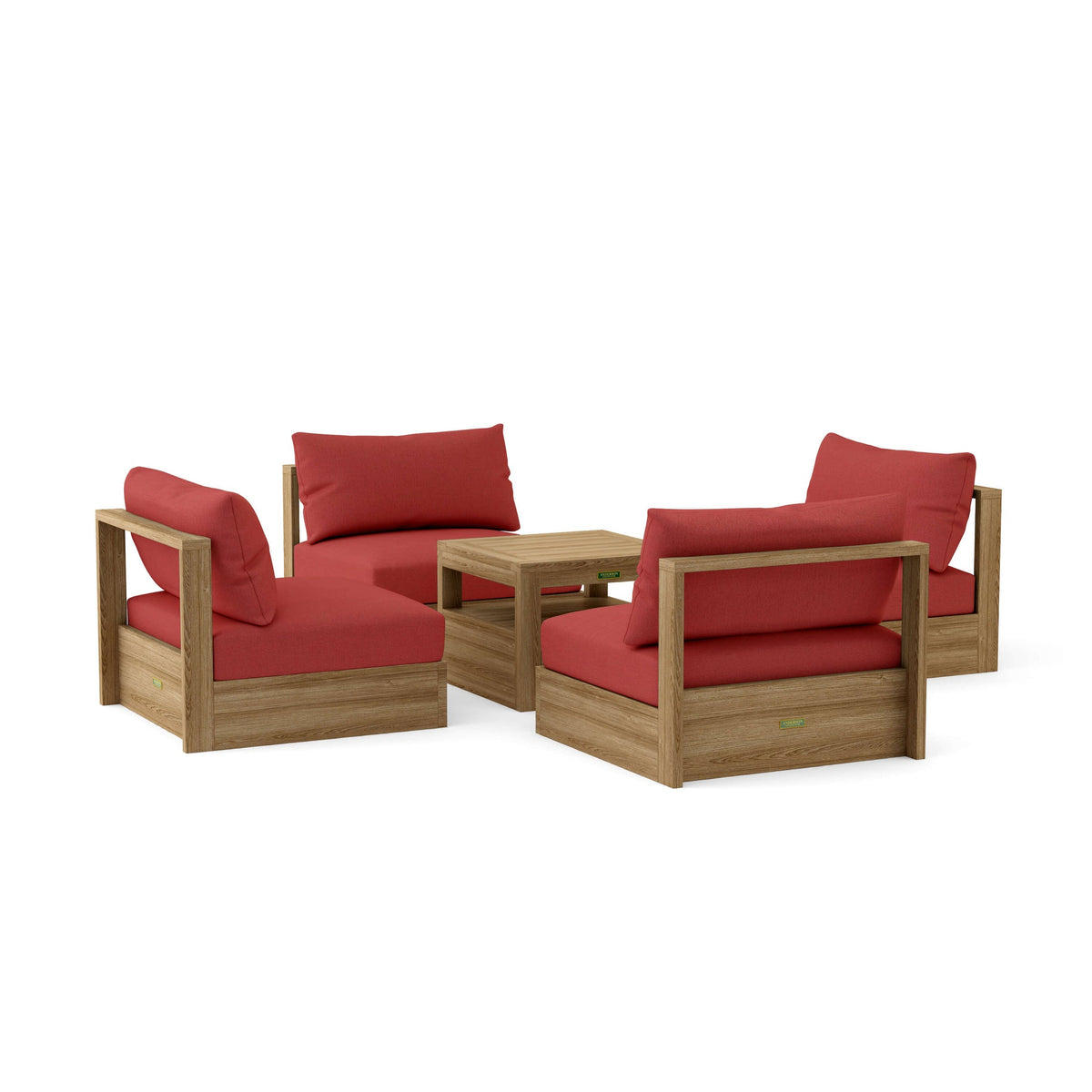 Outdoor furniture set with red cushions and wooden frames on a white background