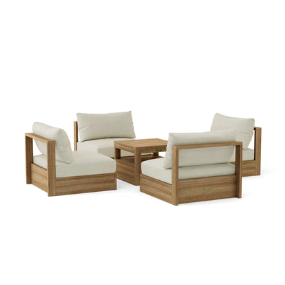Wooden outdoor furniture set with beige cushions on a white background