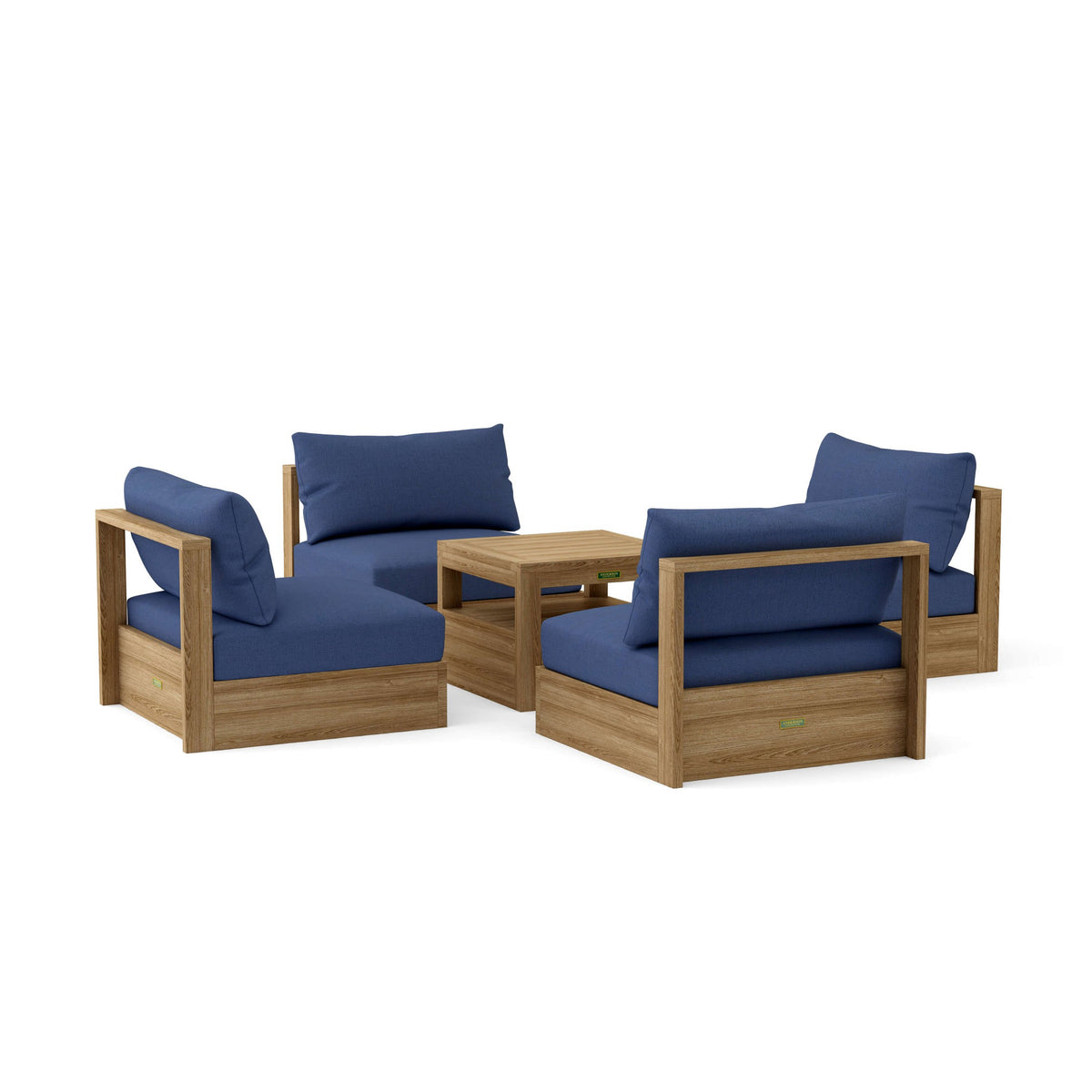 Outdoor furniture set with wooden frames and blue cushions on a white background