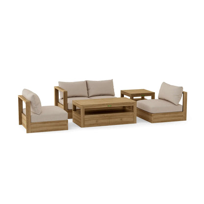 Wooden outdoor furniture set with beige cushions on a white background