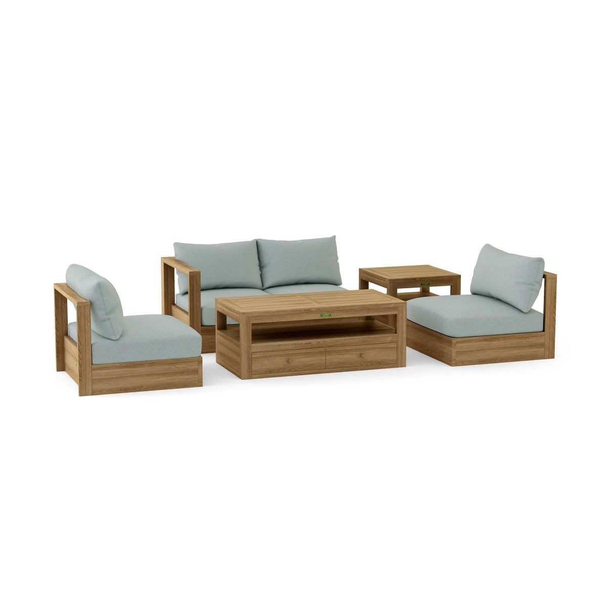 Wooden outdoor furniture set with light gray cushions on a white background