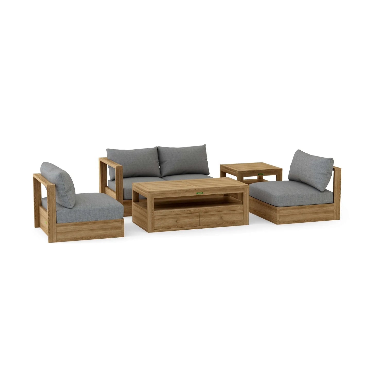Wooden outdoor furniture set with gray cushions on a white background