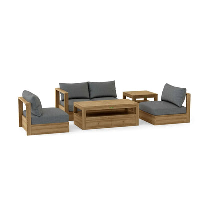 Wooden outdoor furniture set with gray cushions on a white background