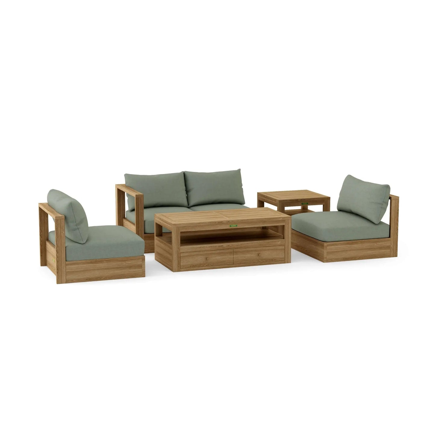 Wooden outdoor furniture set with green cushions on a white background
