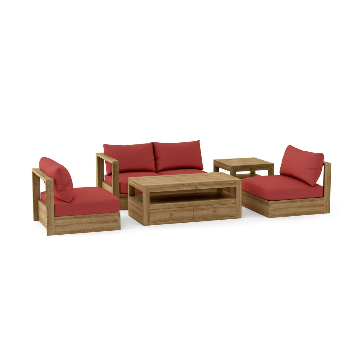Wooden outdoor furniture set with red cushions on a white background