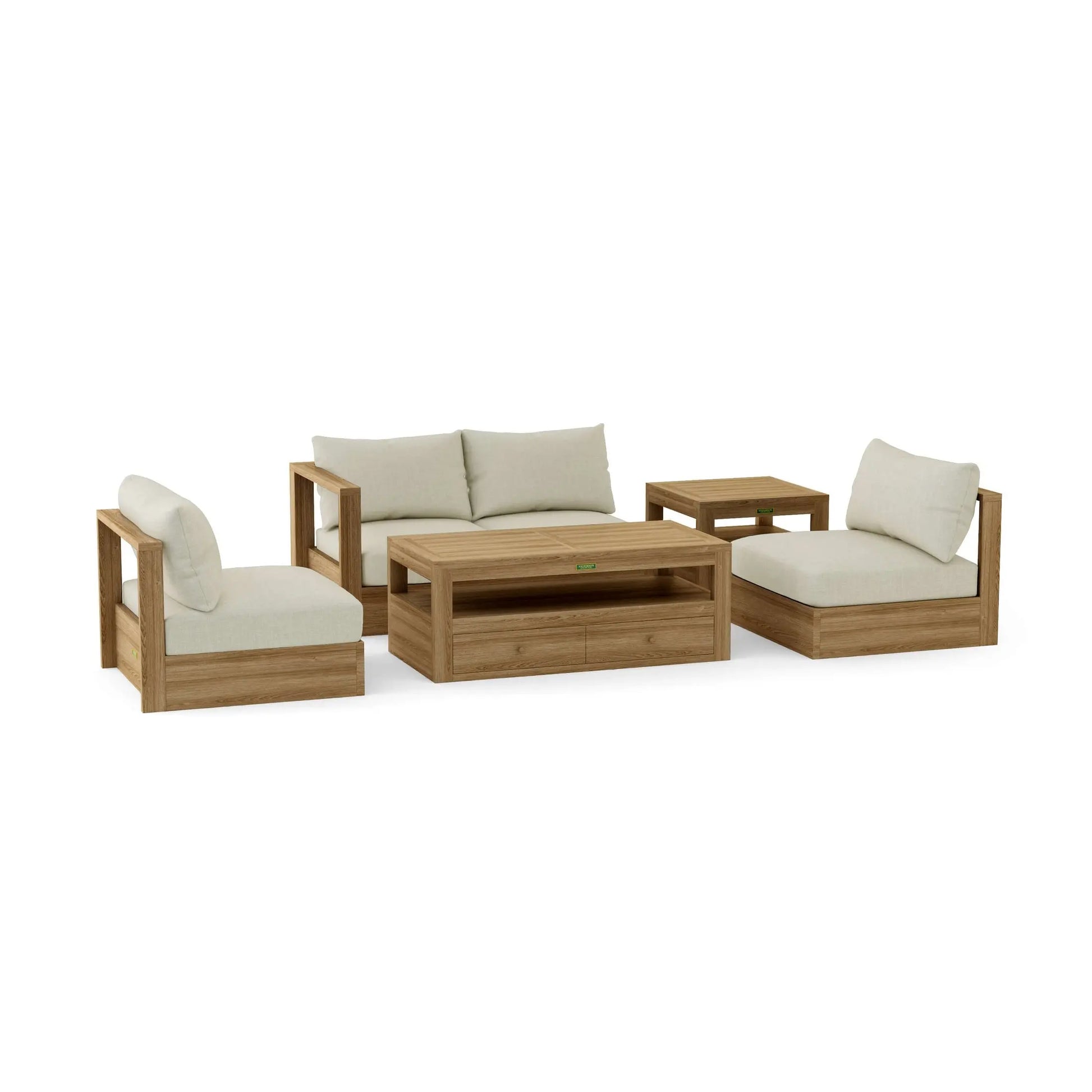Wooden outdoor furniture set with beige cushions on a white background