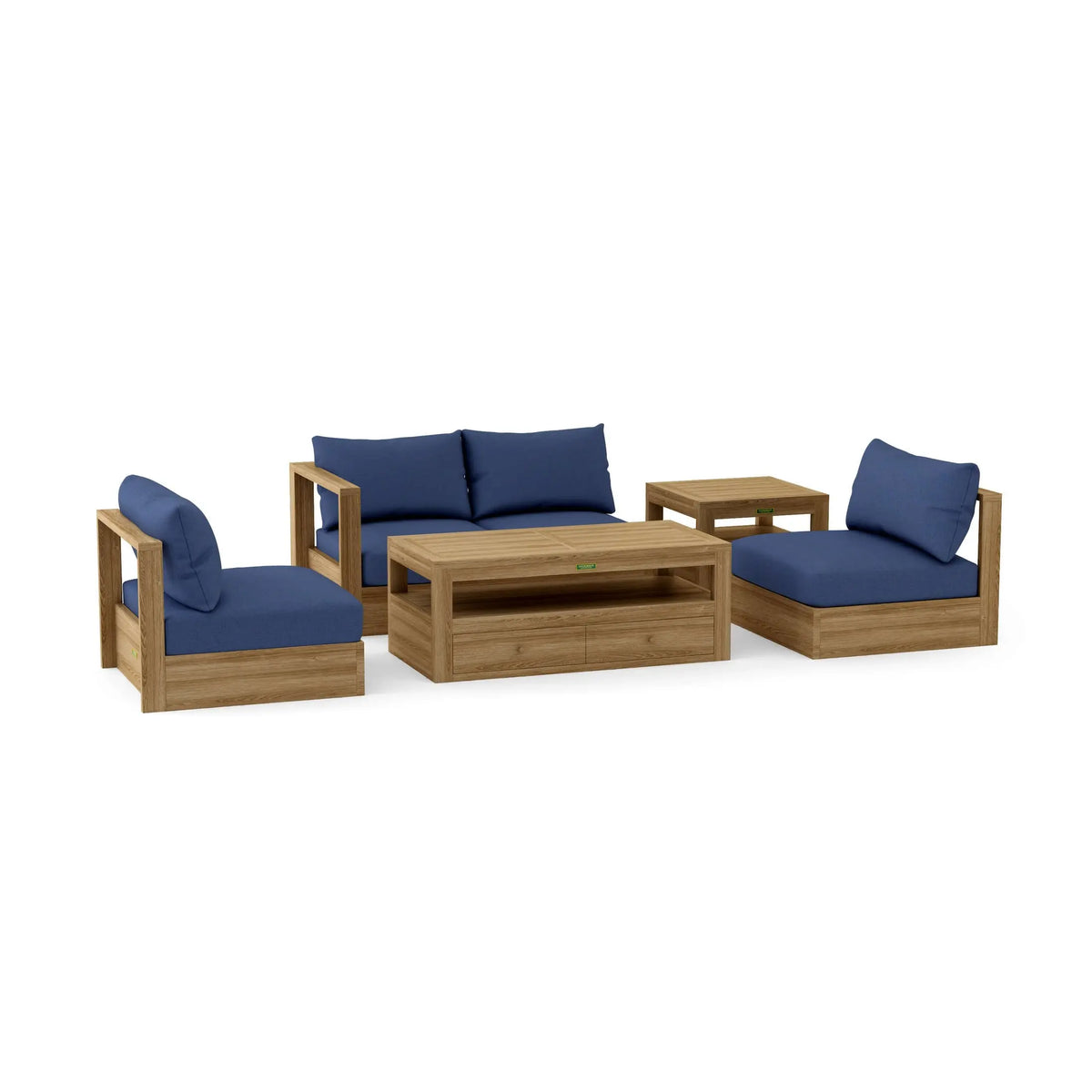 Outdoor furniture set with wooden frames and blue cushions on a white background
