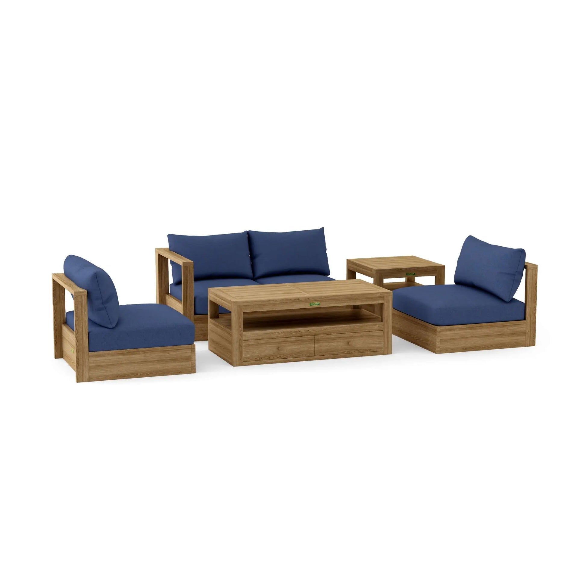 Outdoor furniture set with wooden frames and blue cushions on a white background