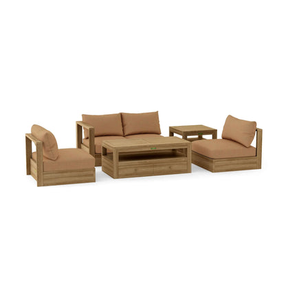 Outdoor furniture set with wooden frames and brown cushions on a white background