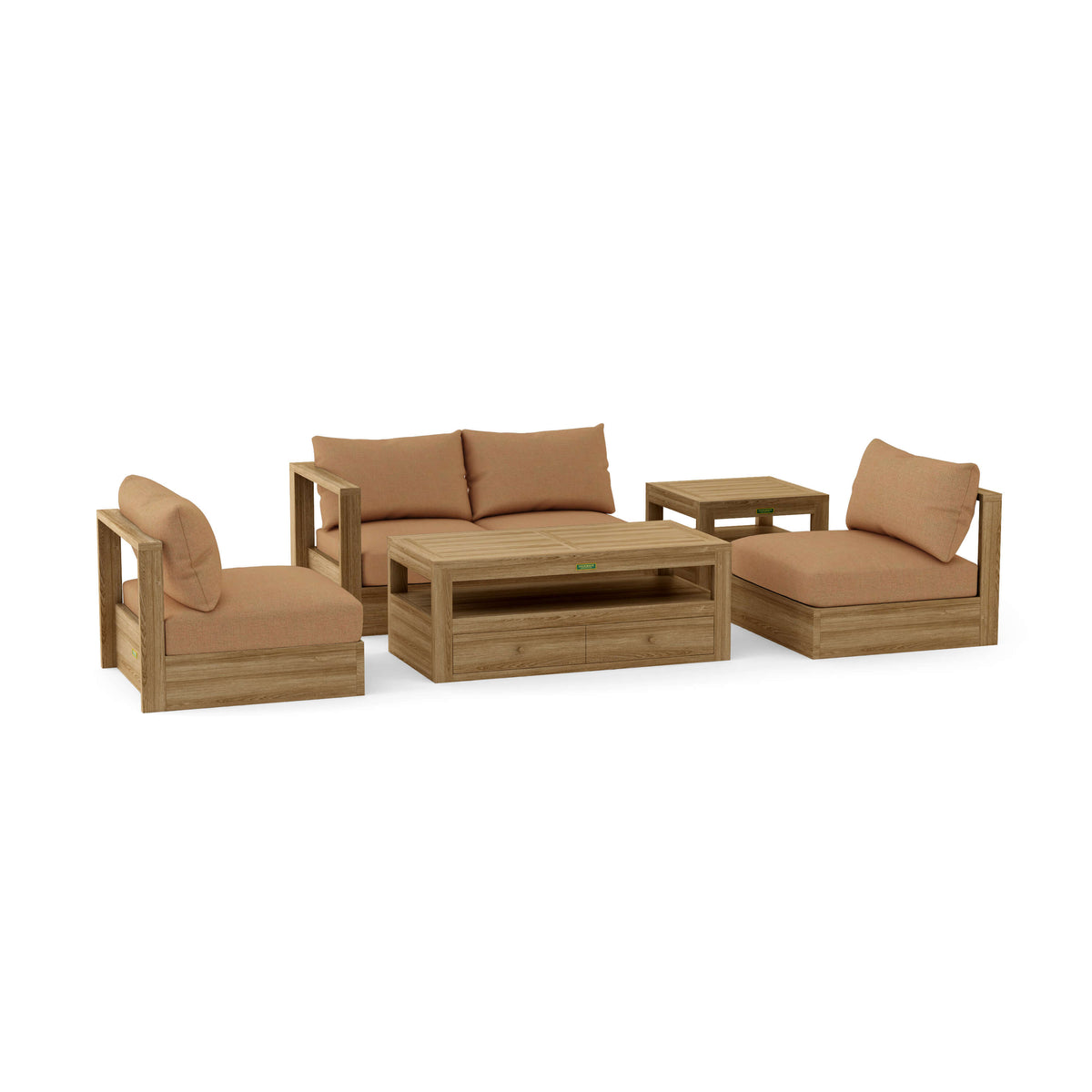 Outdoor furniture set with wooden frames and brown cushions on a white background