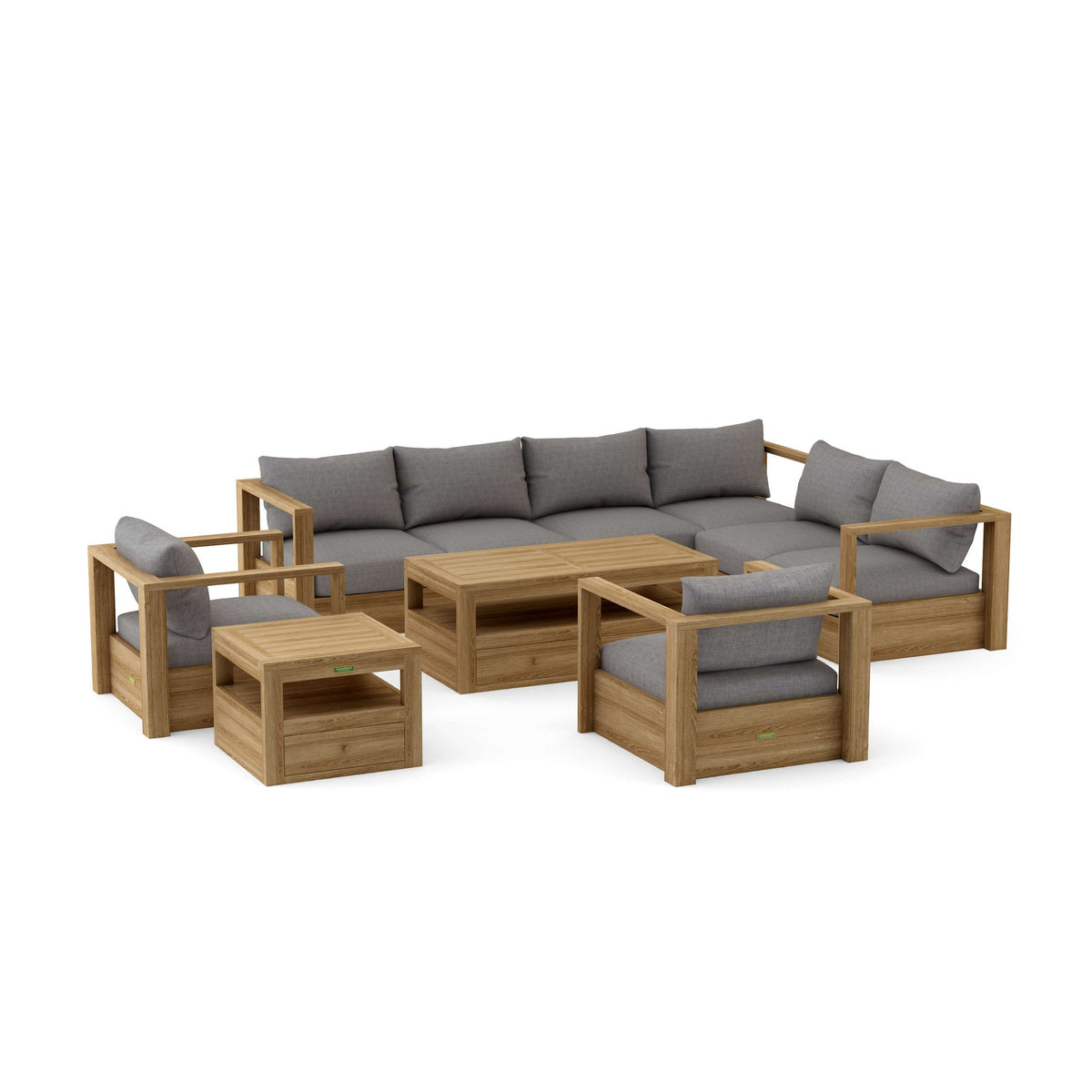 Wooden outdoor furniture set with gray cushions on a white background