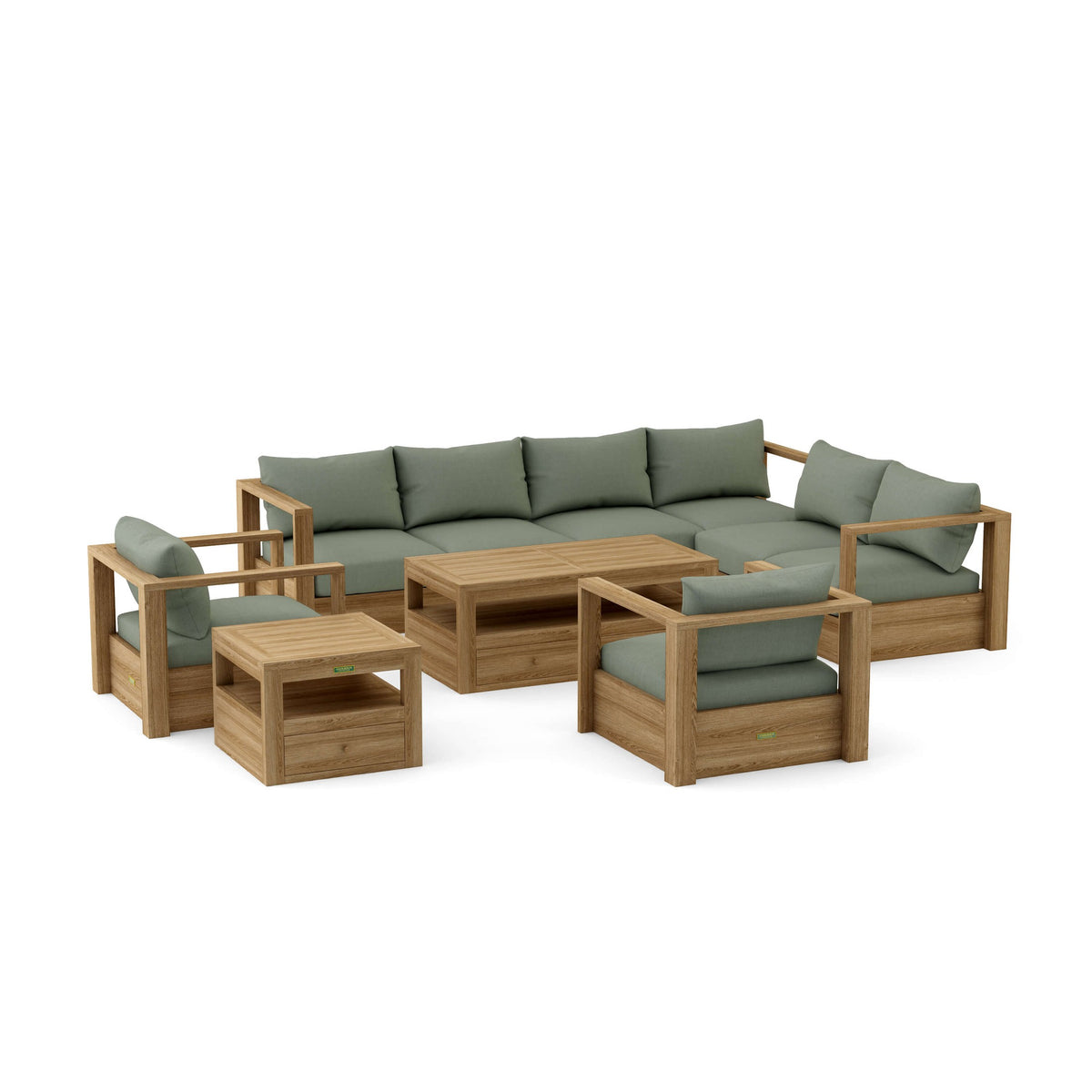 Wooden outdoor furniture set with green cushions on a white background