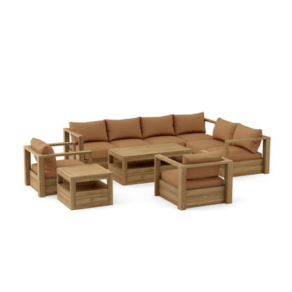 Wooden outdoor furniture set with brown cushions on a white background