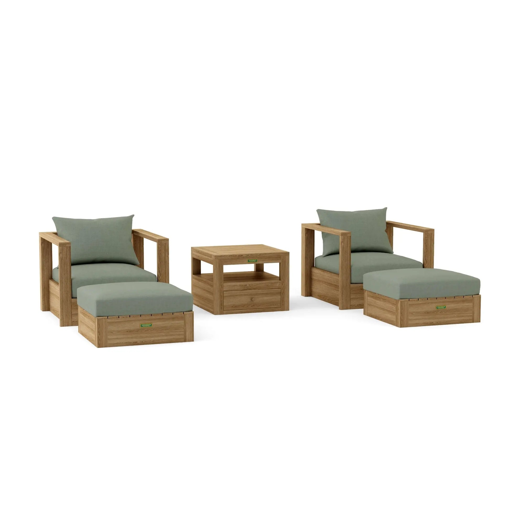 Outdoor furniture set with wooden frames and gray cushions on a white background