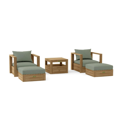 Outdoor furniture set with wooden frames and gray cushions on a white background