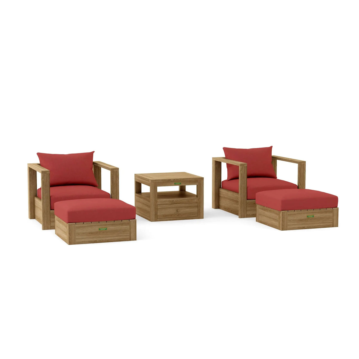 Outdoor furniture set with wooden frames and red cushions on a white background