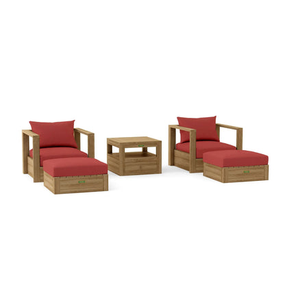 Outdoor furniture set with wooden frames and red cushions on a white background