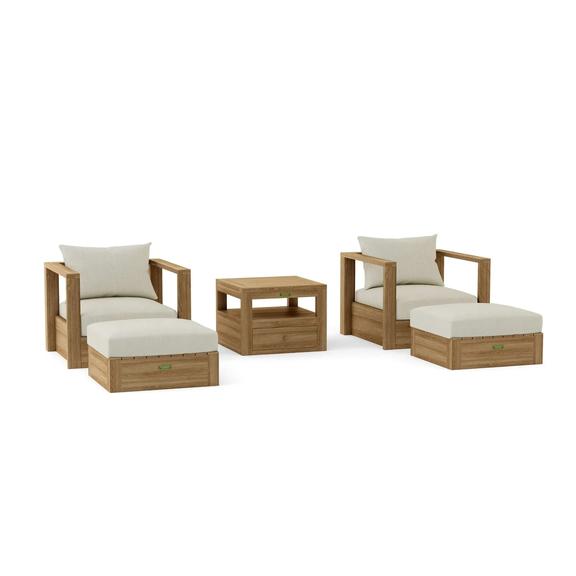 Outdoor furniture set with wooden chairs, ottomans, and a table on a white background