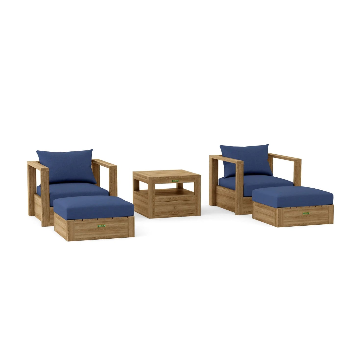 Outdoor furniture set with wooden frames and blue cushions on a white background