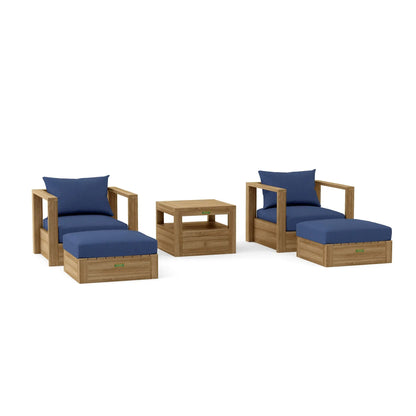 Outdoor furniture set with wooden frames and blue cushions on a white background