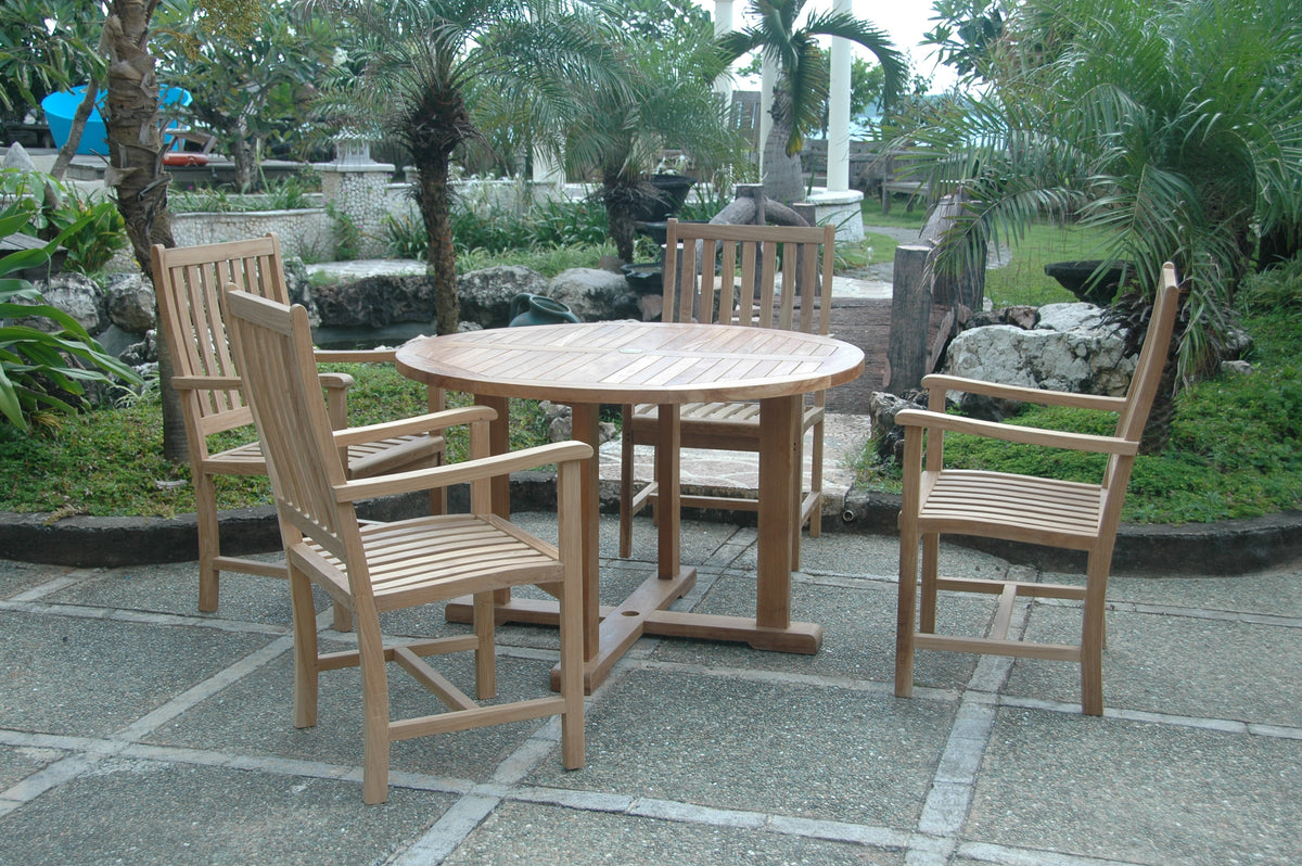 Wooden outdoor dining set with table and chairs in a garden setting