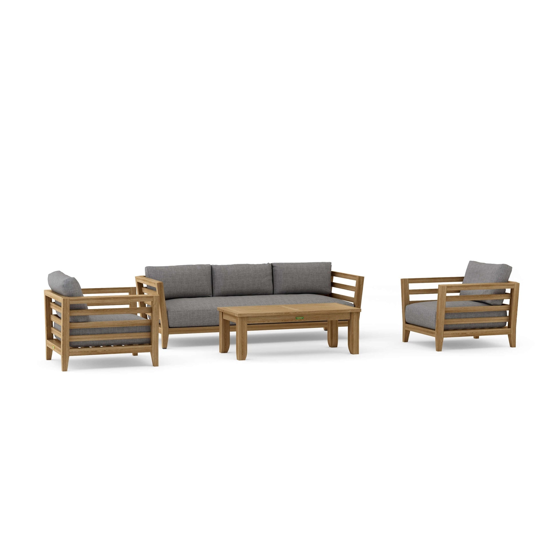 Outdoor furniture set with wooden frames and gray cushions on a white background