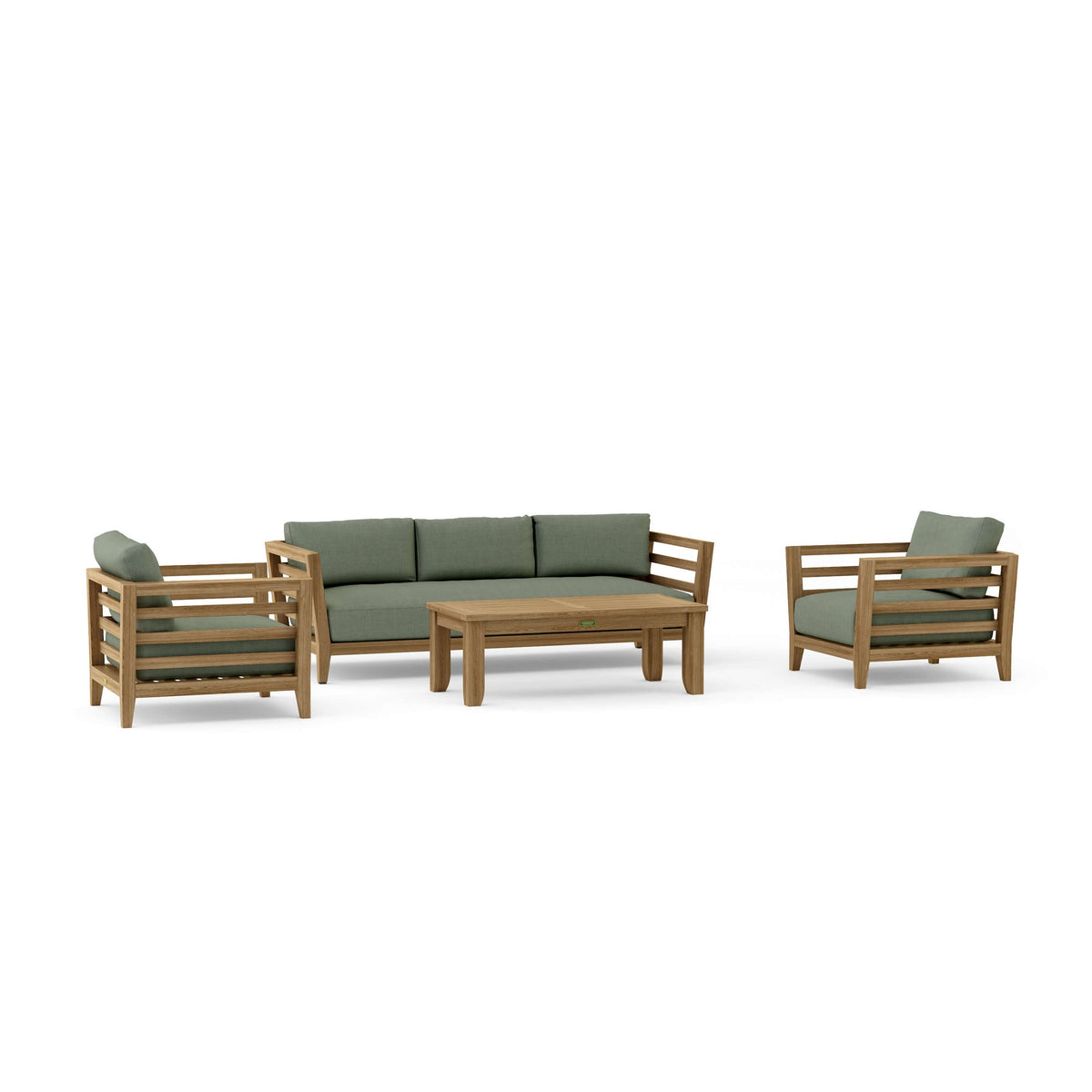 Outdoor furniture set with wooden frames and green cushions on a white background