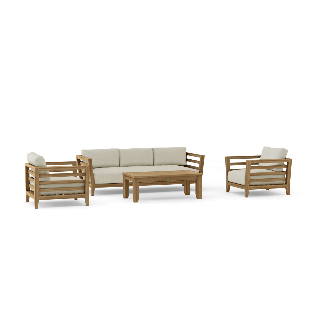 Outdoor furniture set with wooden frames and beige cushions on a white background