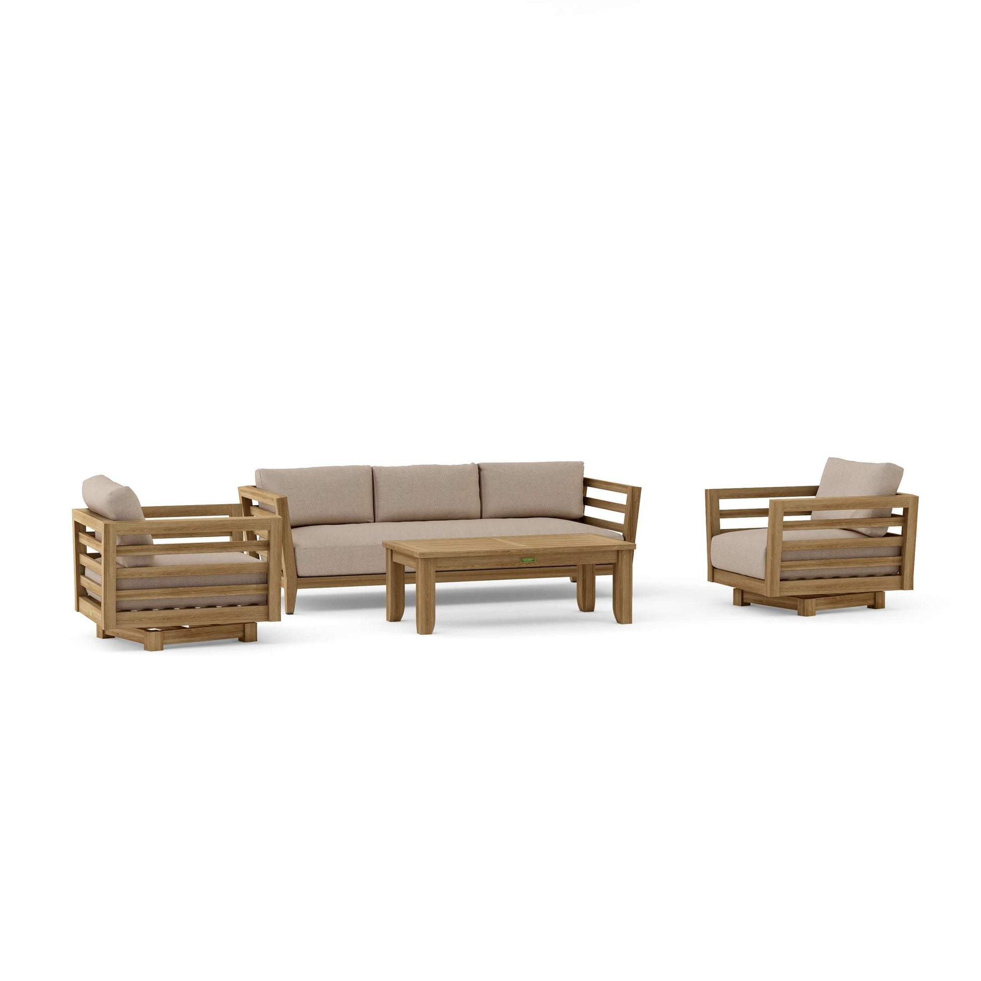 Wooden outdoor furniture set with beige cushions on a white background