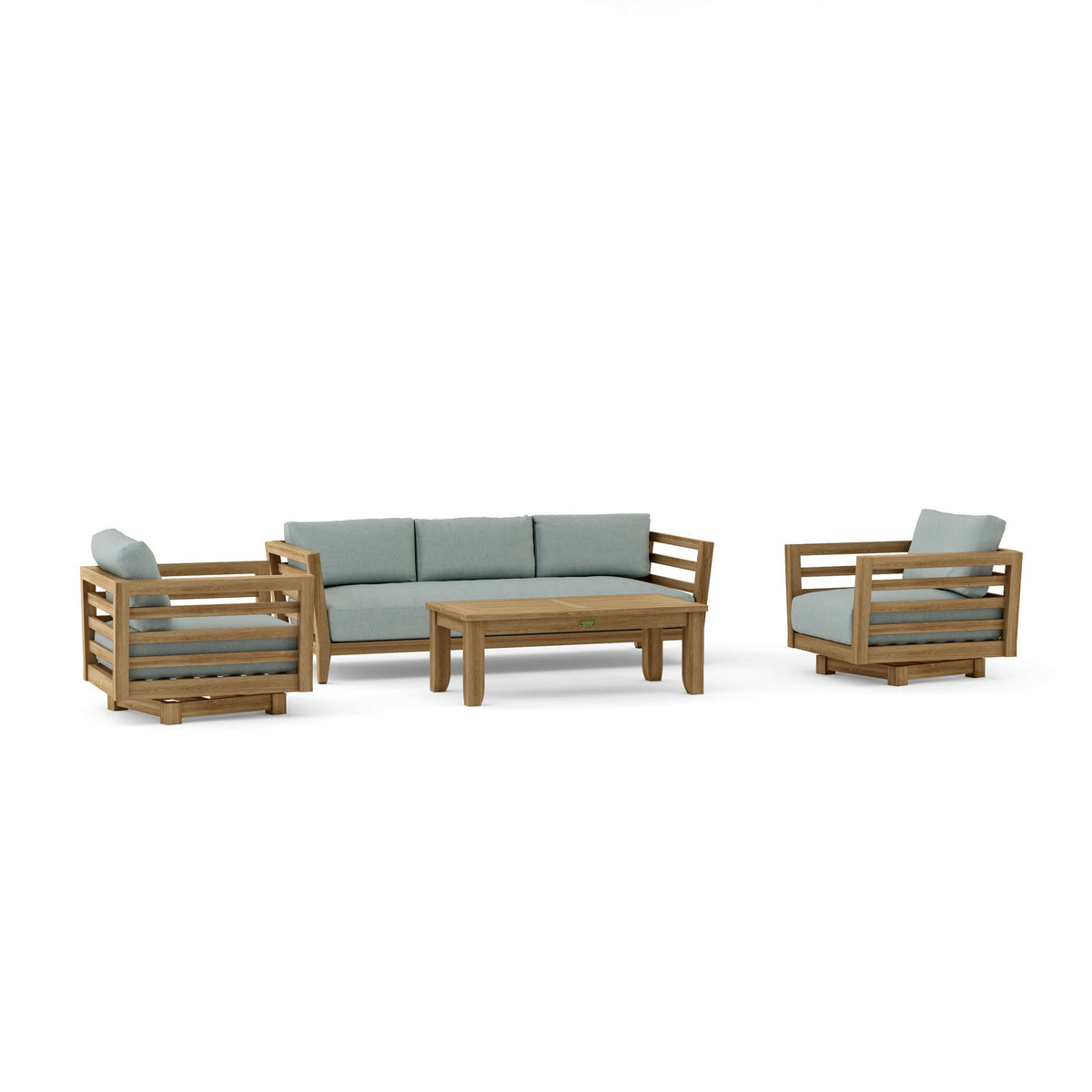 Outdoor furniture set with wooden frames and gray cushions on a white background