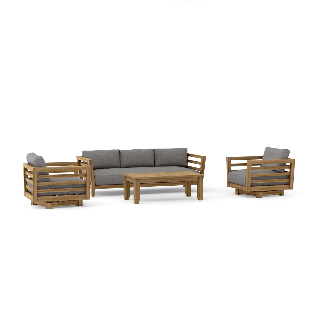 Outdoor furniture set with wooden frames and gray cushions on a white background
