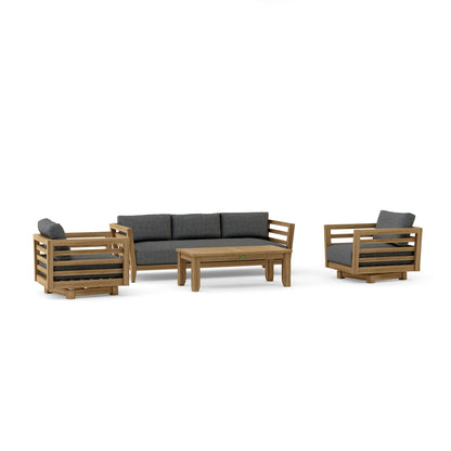 Outdoor furniture set with wooden frames and gray cushions on a white background