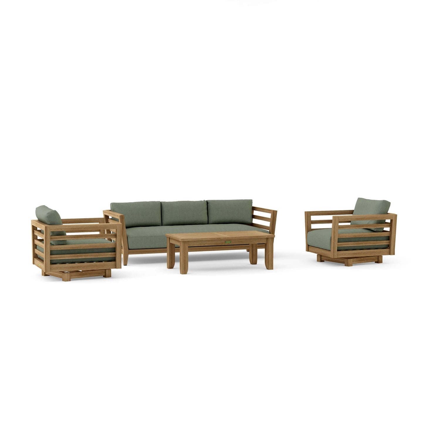 Wooden outdoor furniture set with green cushions on a white background