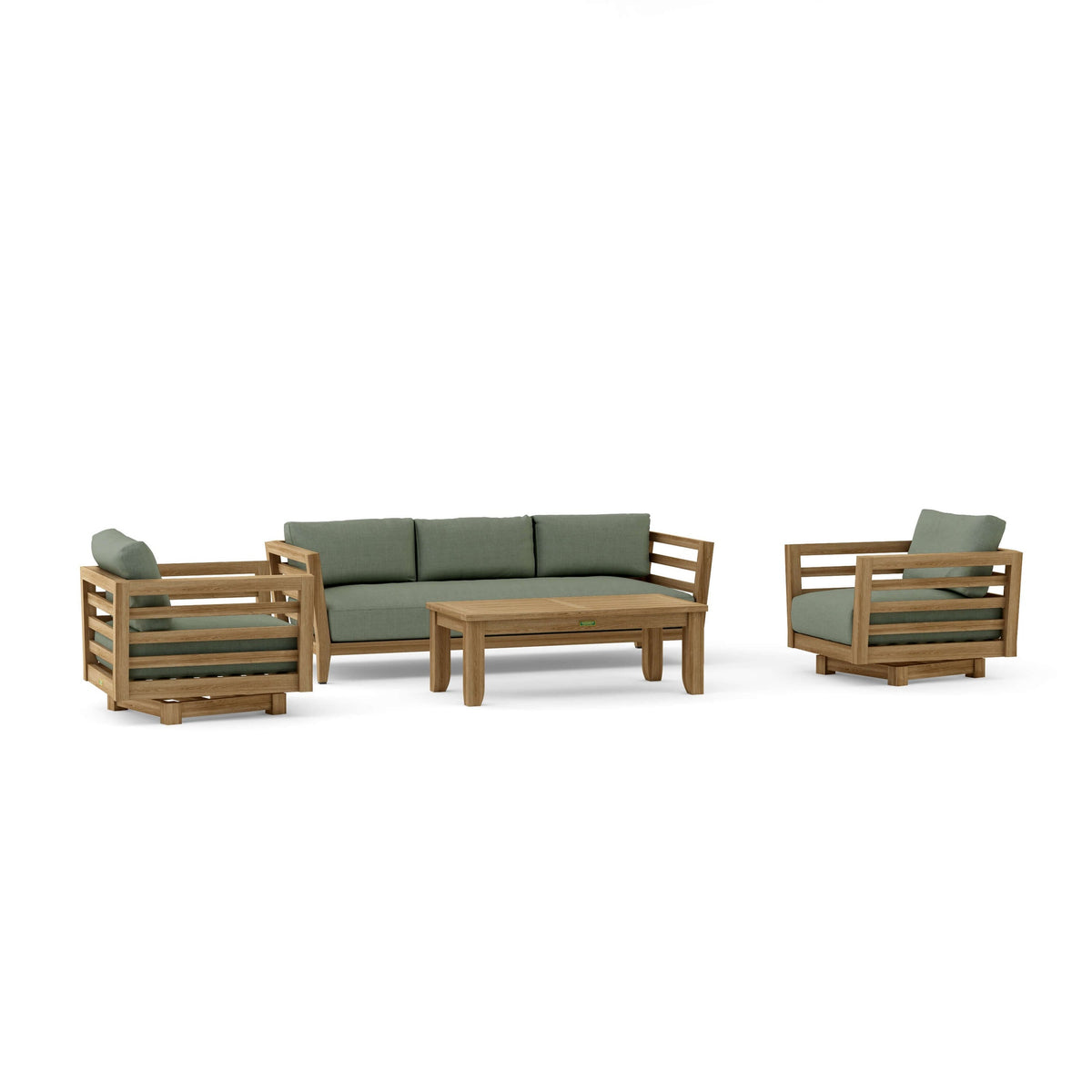 Wooden outdoor furniture set with green cushions on a white background