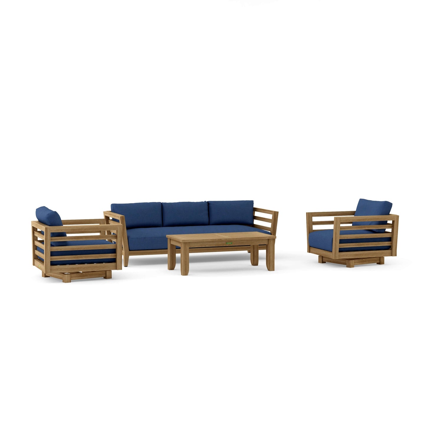 Outdoor furniture set with wooden frames and blue cushions on a white background