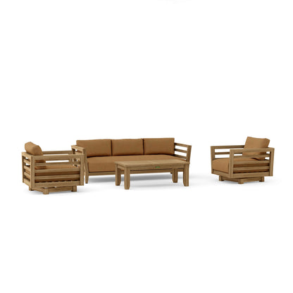 Brown outdoor furniture set with sofa, chairs, and table on a white background