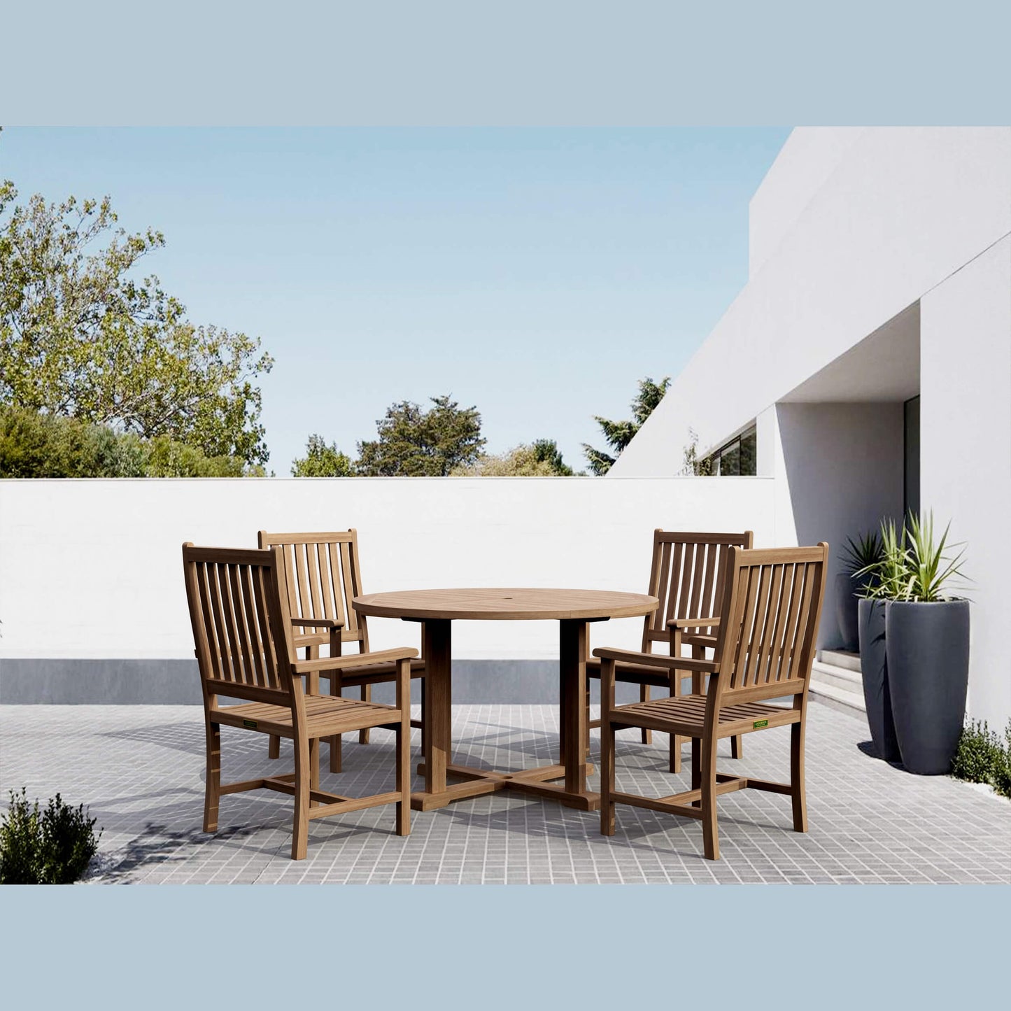 Wooden outdoor dining set with four chairs on a patio area.