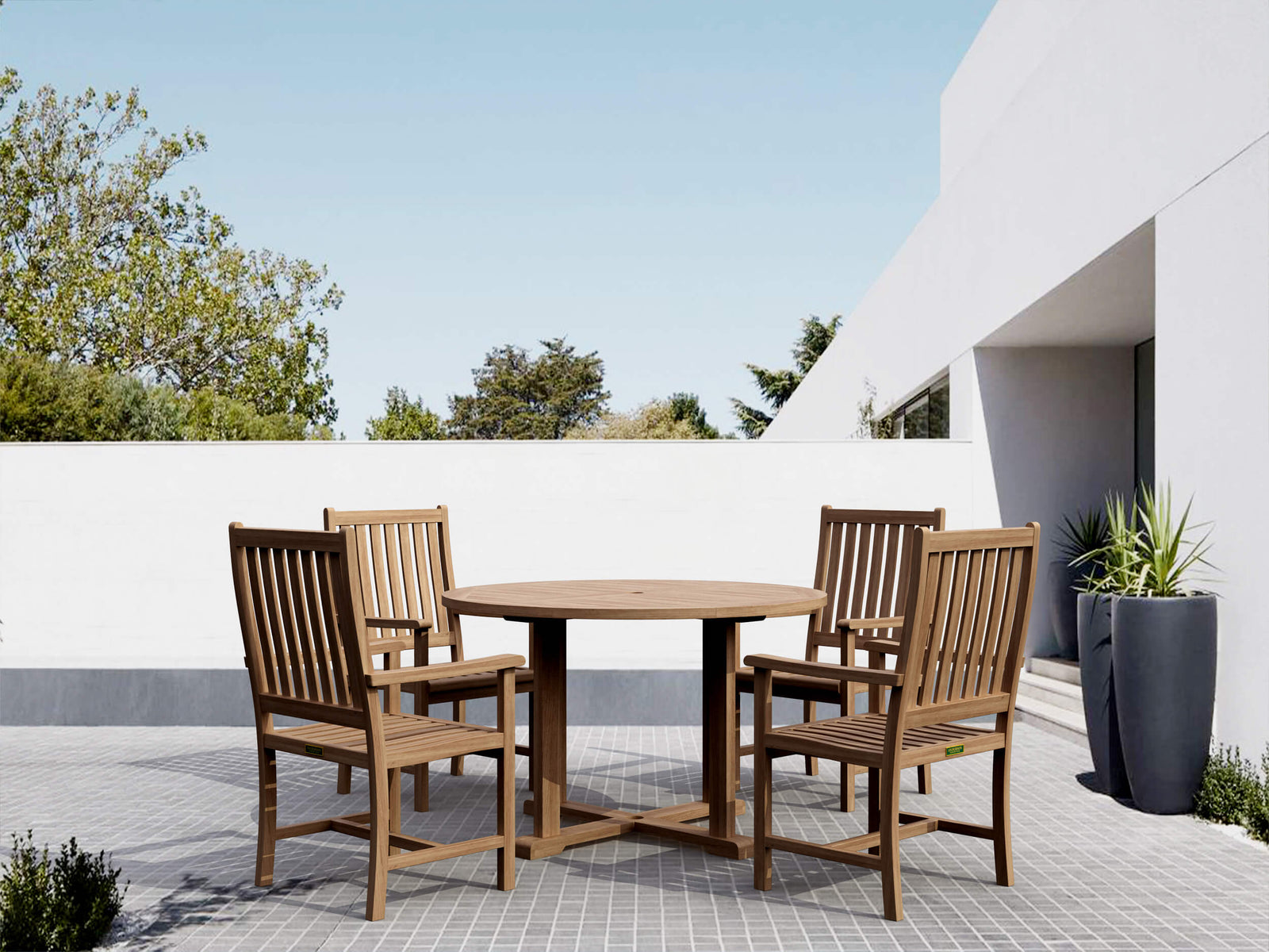 Wooden outdoor dining set with four chairs on a patio area.