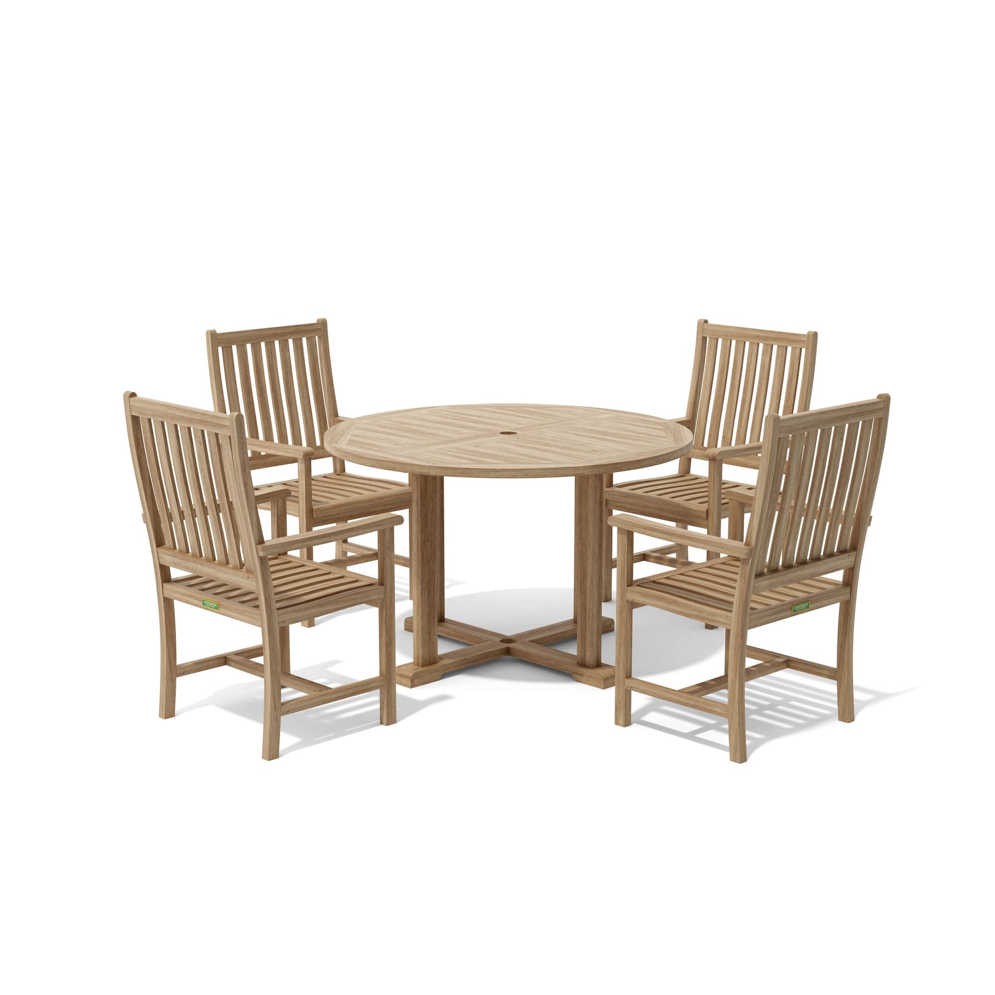 Wooden outdoor table with four matching chairs on a white background