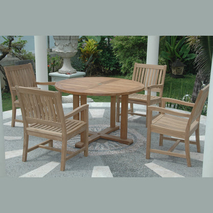 Wooden outdoor dining set with round table and chairs on a patio.