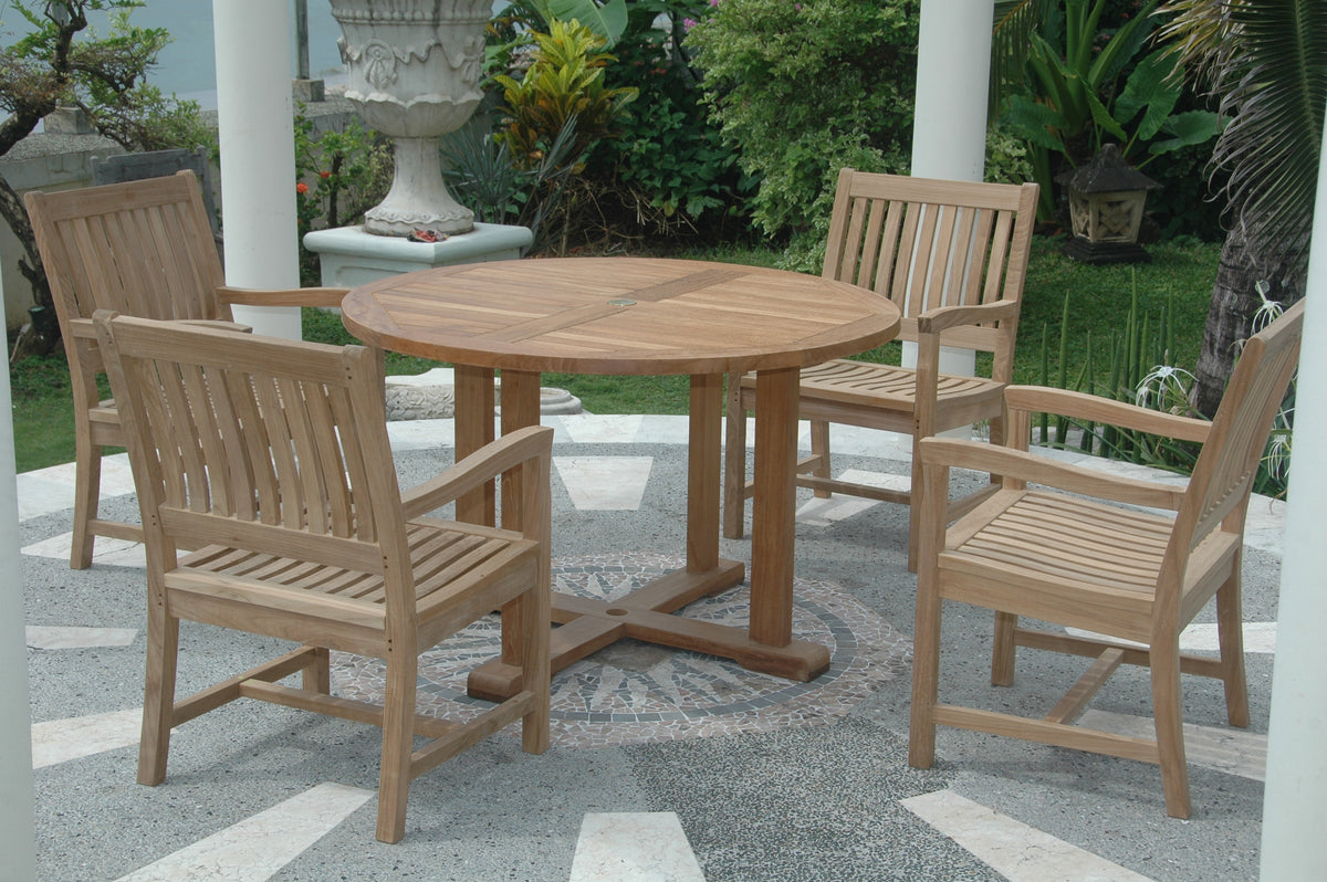 Wooden outdoor dining set with round table and chairs on a patio.