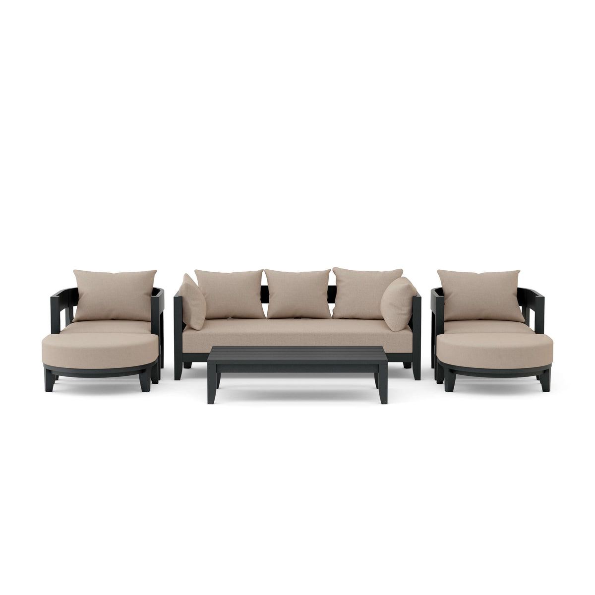 Outdoor furniture set with beige cushions on a white background