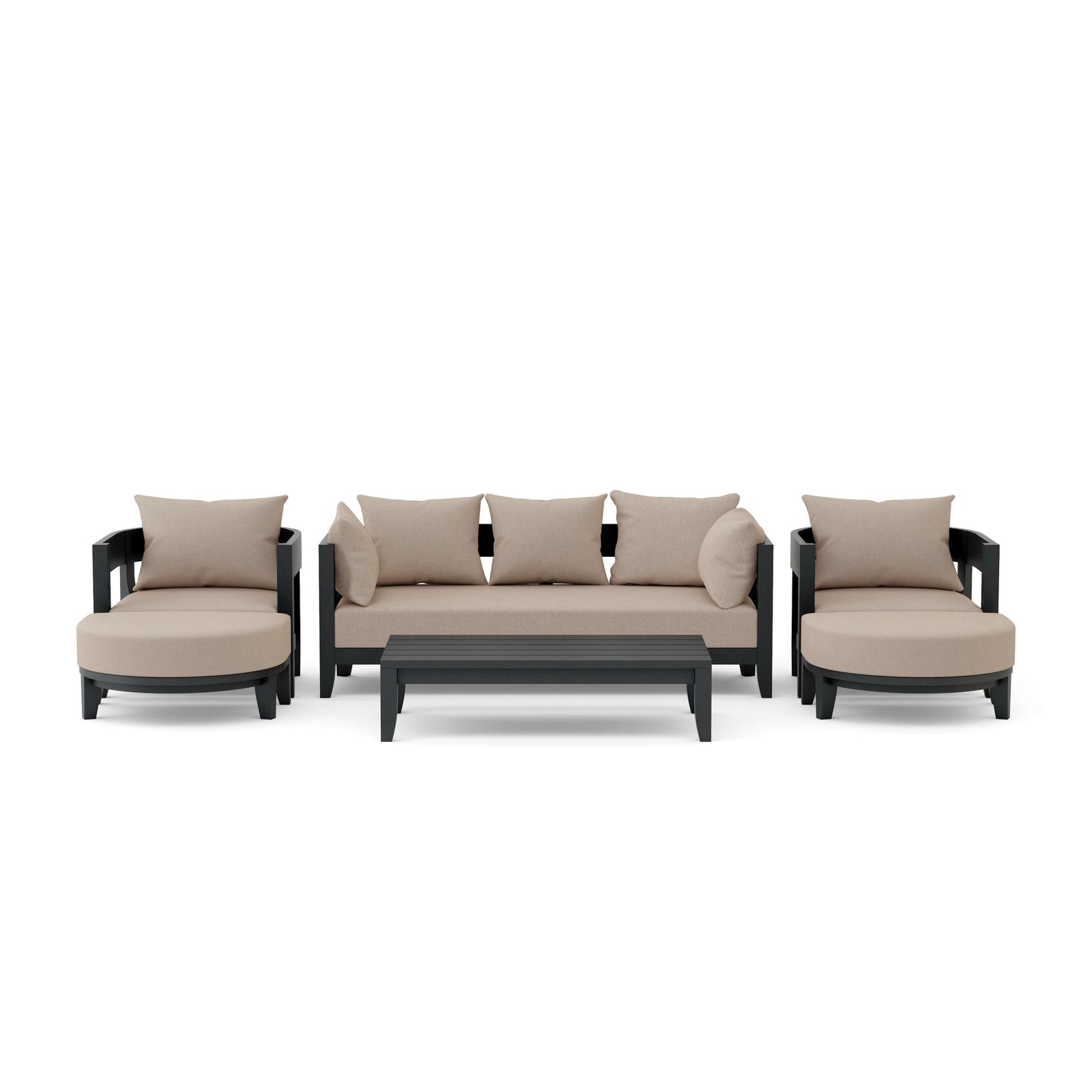 Outdoor furniture set with beige cushions on a white background