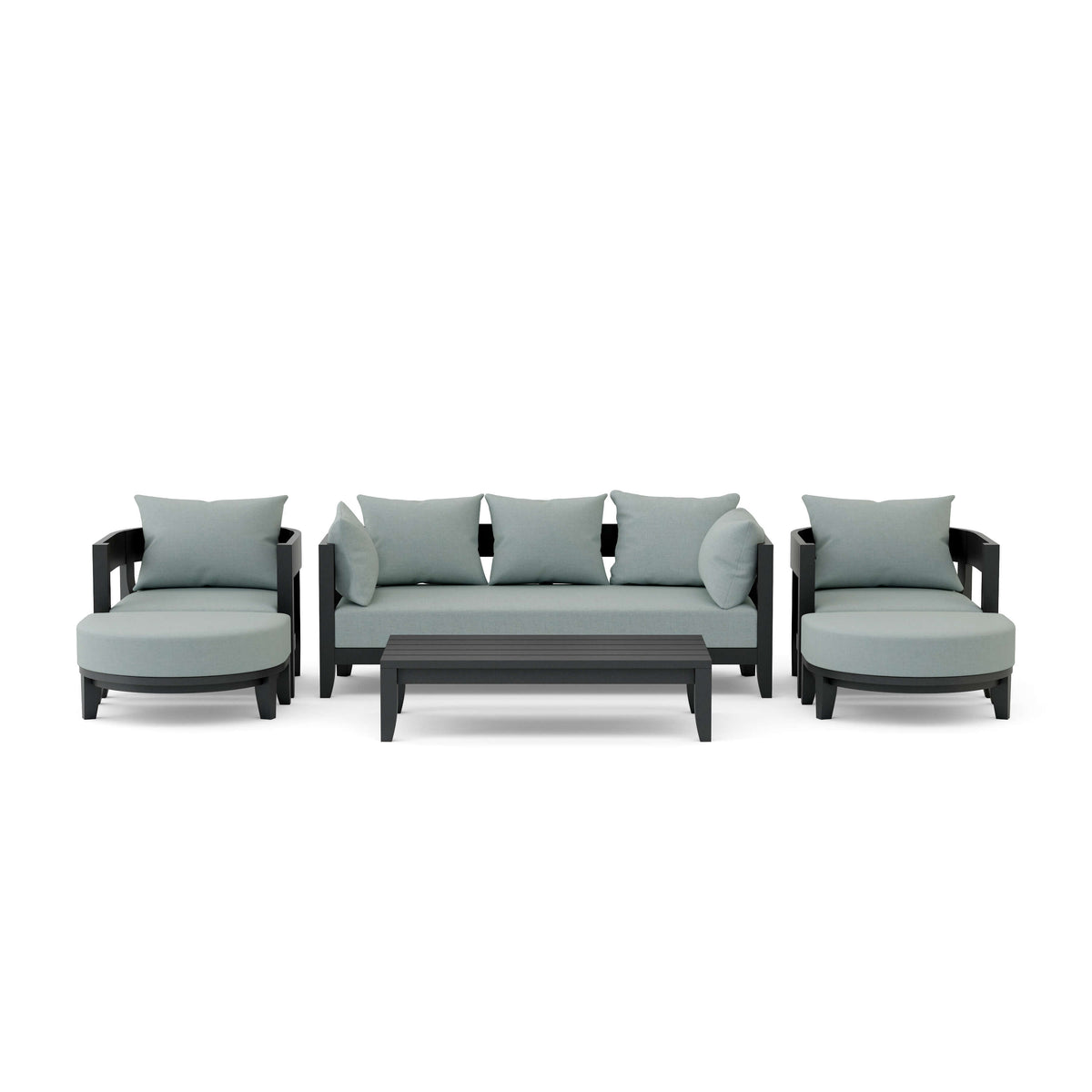 Outdoor furniture set with gray cushions on a white background