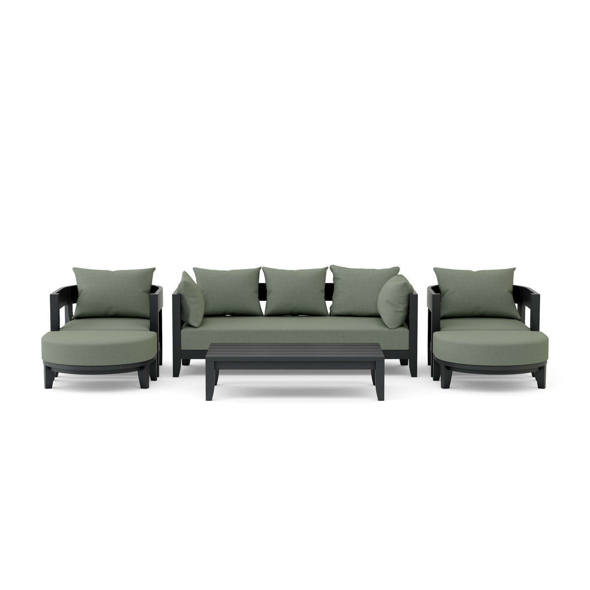 Outdoor furniture set with green cushions on a white background