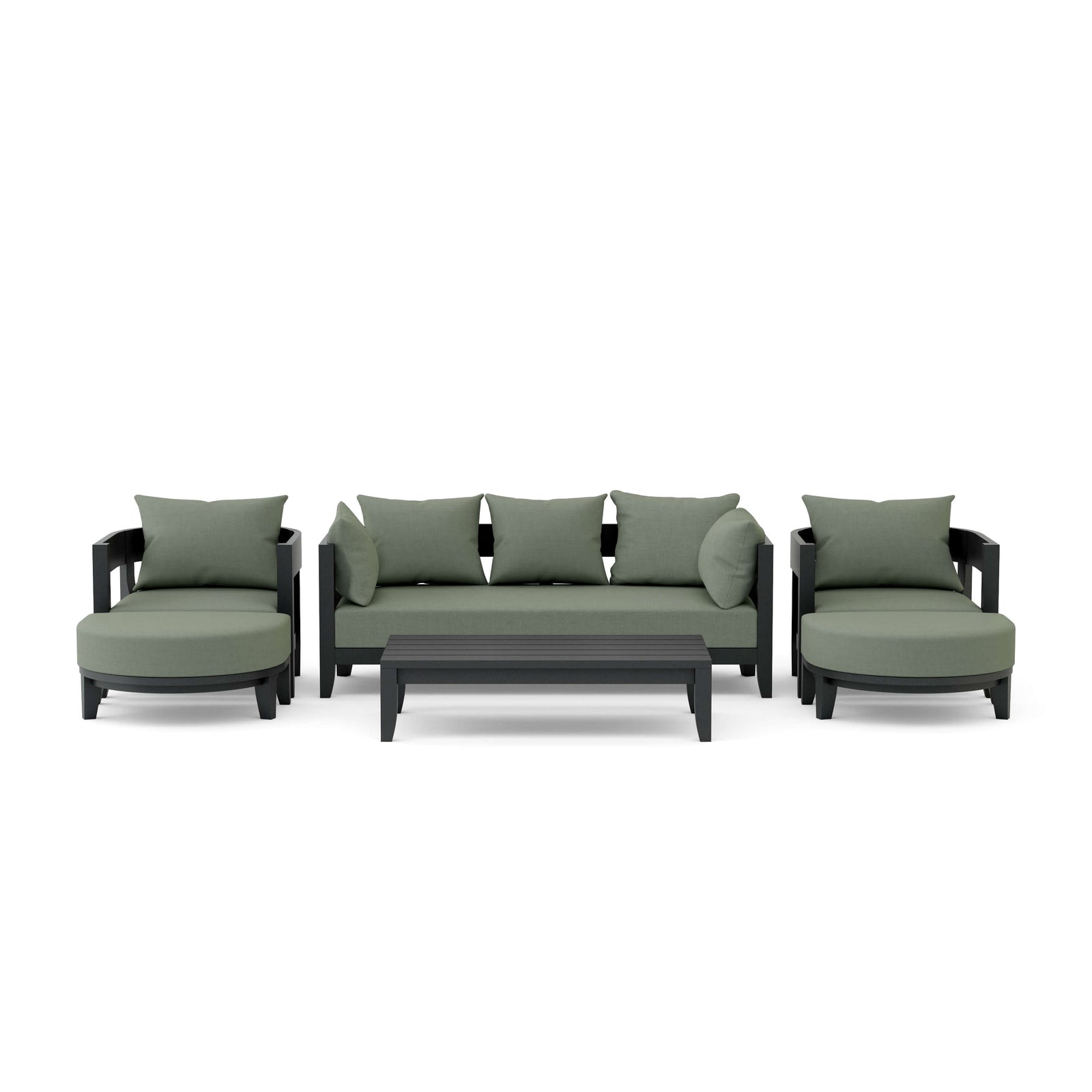 Outdoor furniture set with green cushions on a white background