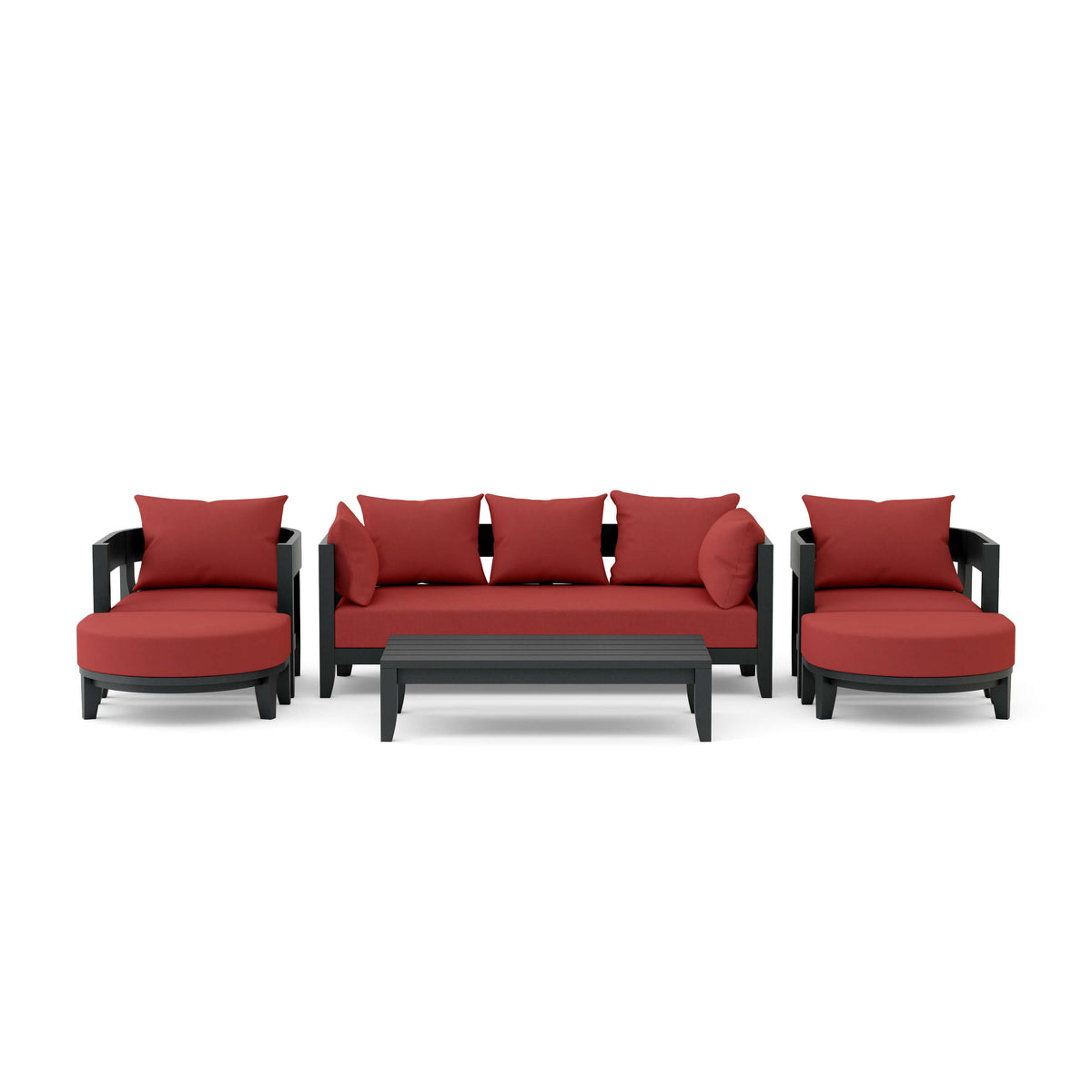 Outdoor furniture set with red cushions and black frames on a white background