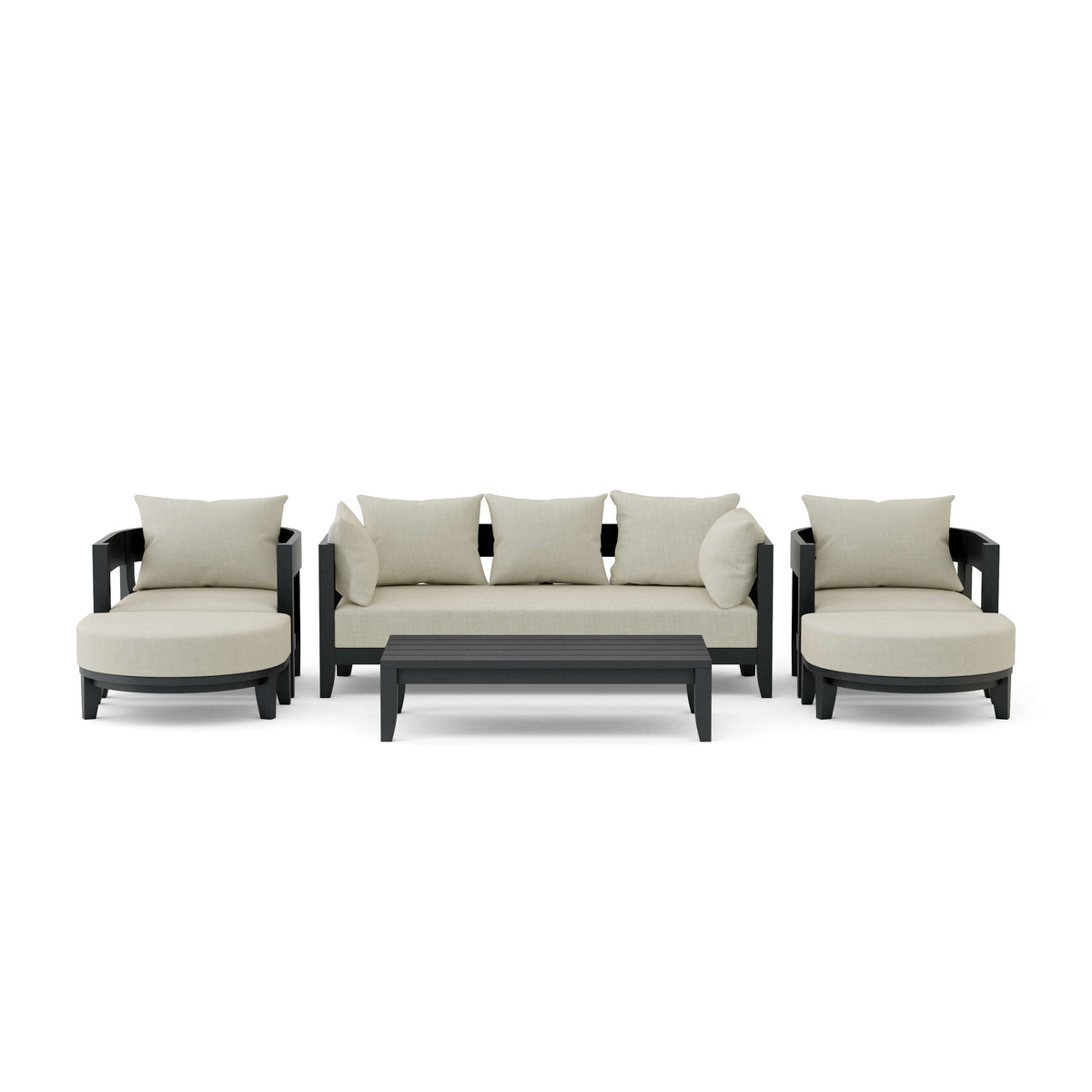 Outdoor furniture set with beige cushions on a white background