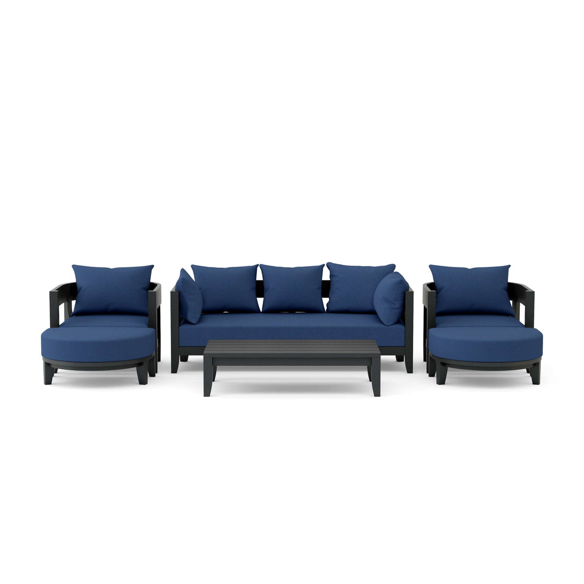 Outdoor furniture set with blue cushions and black frames on a white background