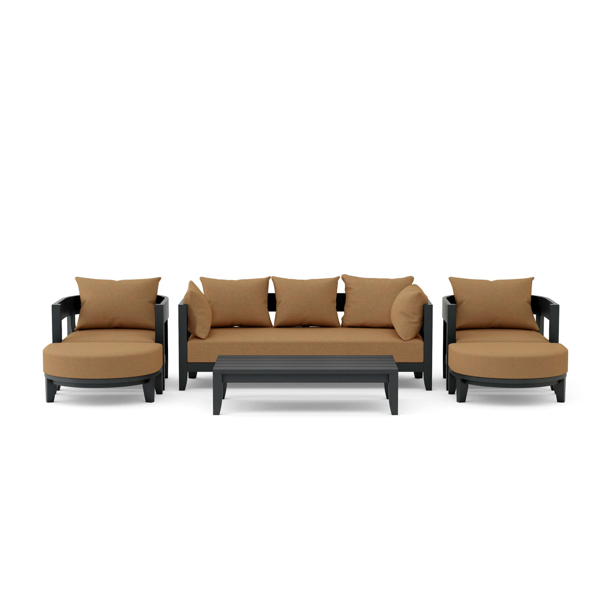 Outdoor furniture set with brown cushions on a white background